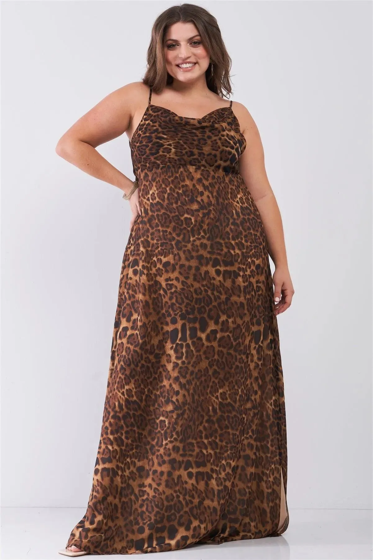 Can't Tame Me Junior Plus Size Sexy Brown Leopard Print Sheer Mesh Sleeveless Cowl Neck Side Slit Detail Maxi Dress /3-1-1