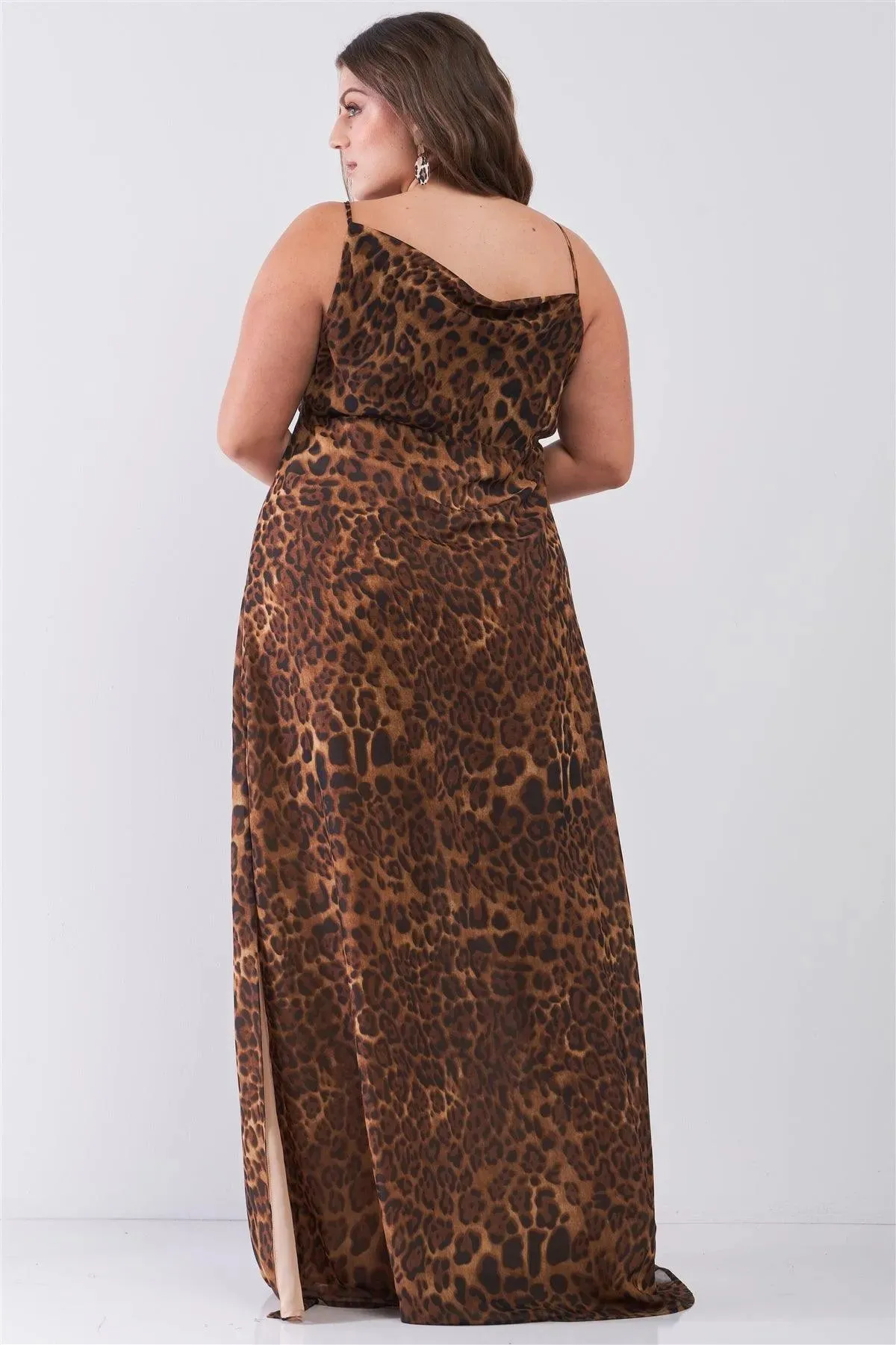 Can't Tame Me Junior Plus Size Sexy Brown Leopard Print Sheer Mesh Sleeveless Cowl Neck Side Slit Detail Maxi Dress /3-1-1