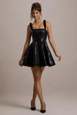 Carena | Black Sequin Lace Floral Skater Mini Dress