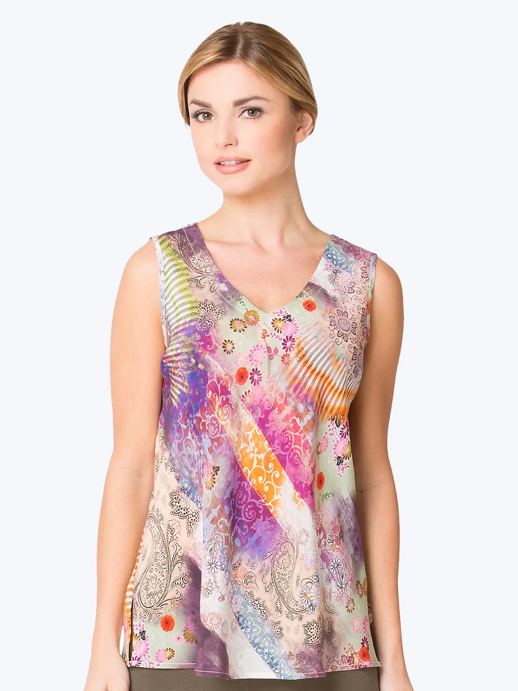 “Cecilia” Print Washable Silk Erika Bias Tank