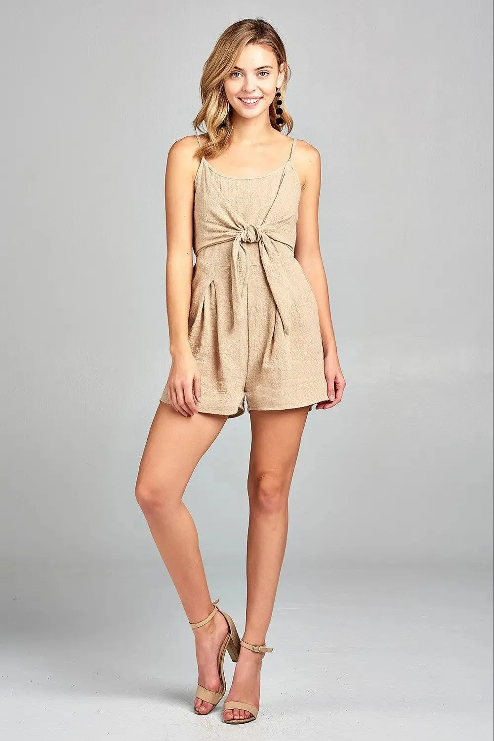 Chic Sleeveless Front Tie Romper with Trendy Back Slit