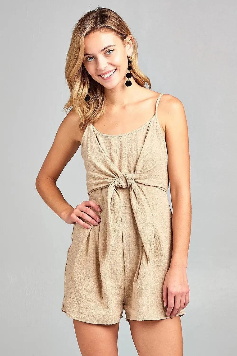 Chic Sleeveless Front Tie Romper with Trendy Back Slit