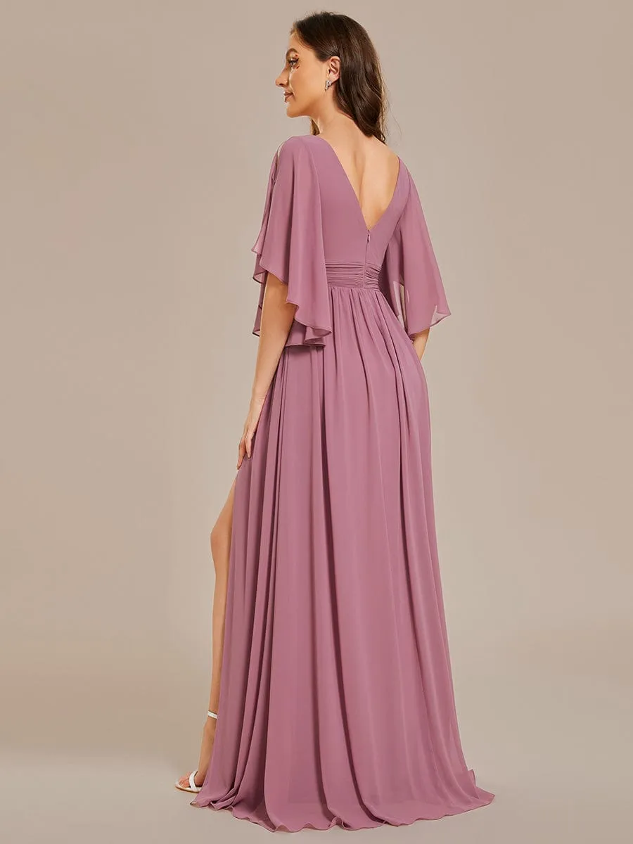 Chiffon A-Line Half Sleeves High Slit Bridesmaid Dress