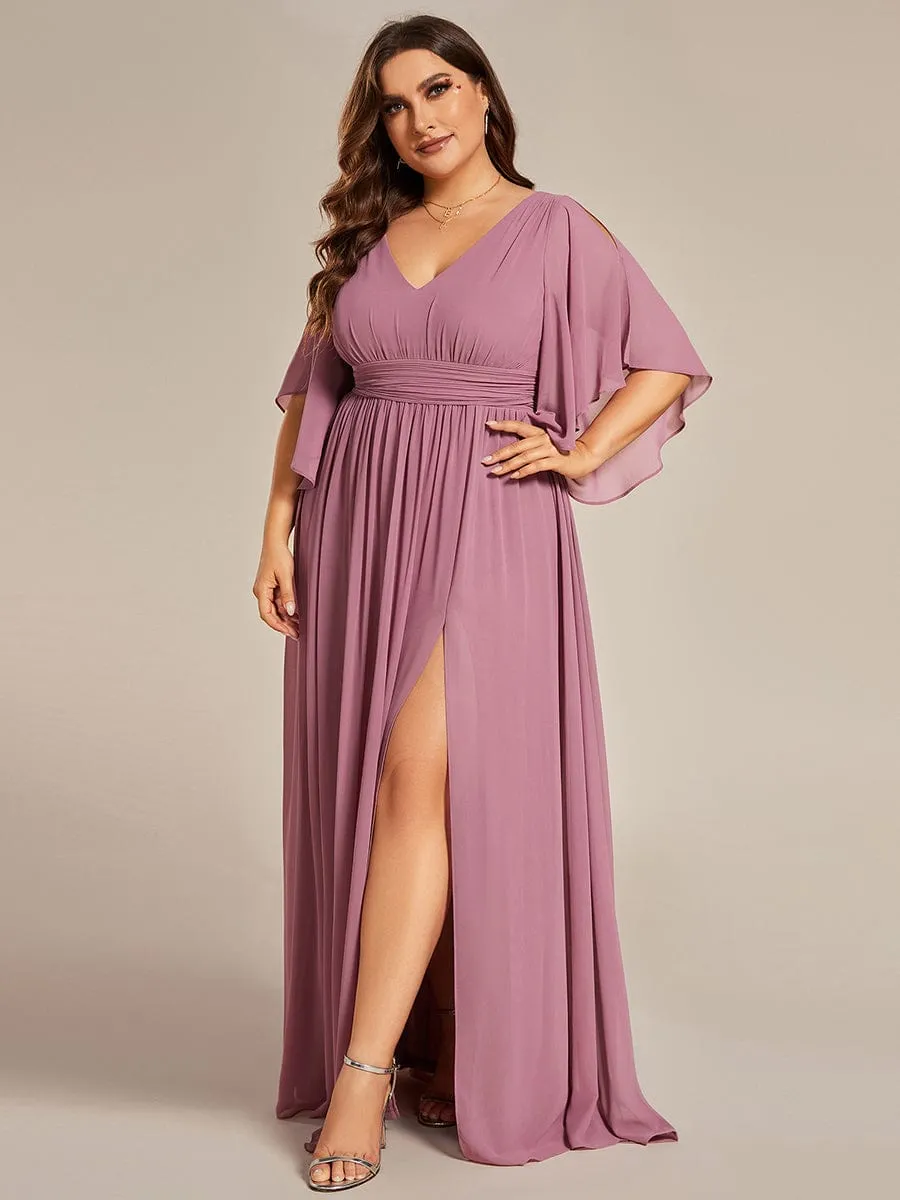 Chiffon A-Line Half Sleeves High Slit Bridesmaid Dress