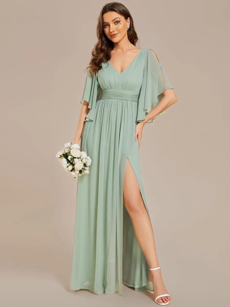 Chiffon A-Line Half Sleeves High Slit Bridesmaid Dress