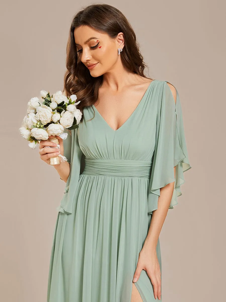 Chiffon A-Line Half Sleeves High Slit Bridesmaid Dress