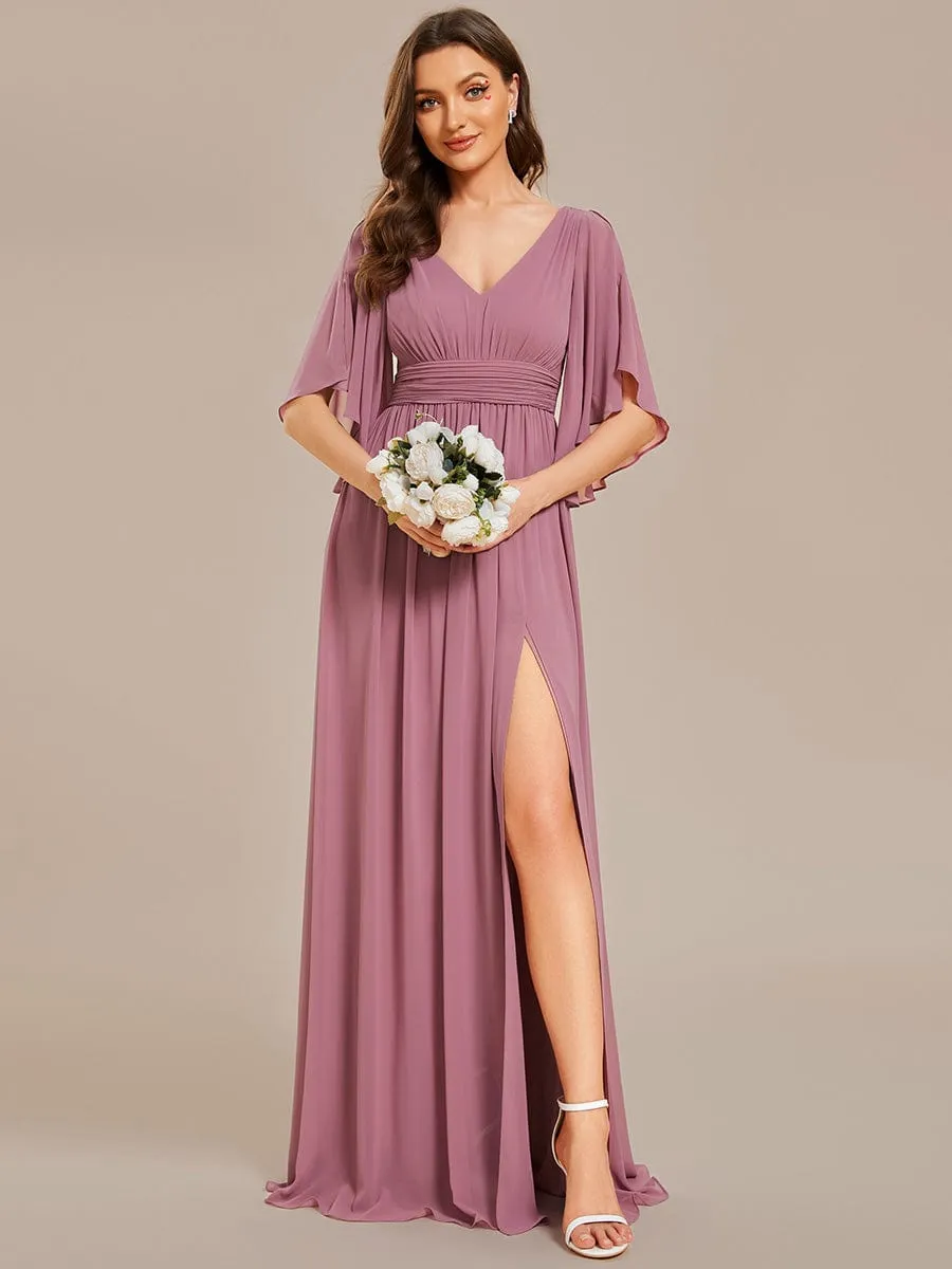 Chiffon A-Line Half Sleeves High Slit Bridesmaid Dress