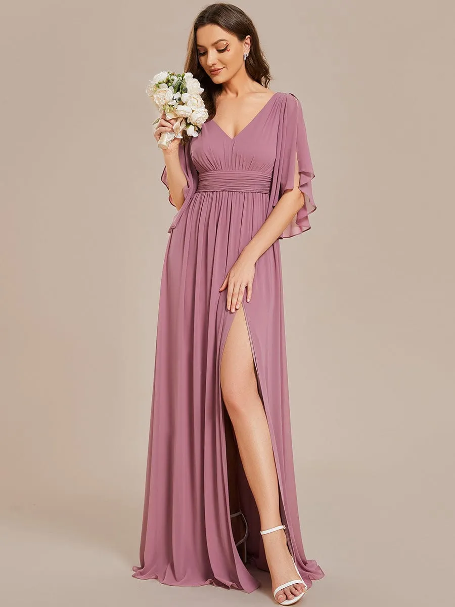 Chiffon A-Line Half Sleeves High Slit Bridesmaid Dress