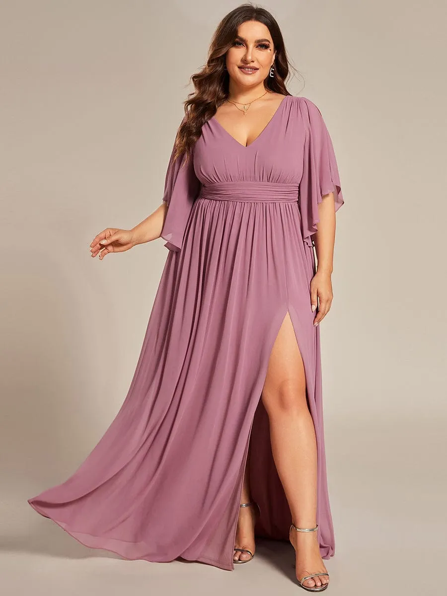 Chiffon A-Line Half Sleeves High Slit Bridesmaid Dress