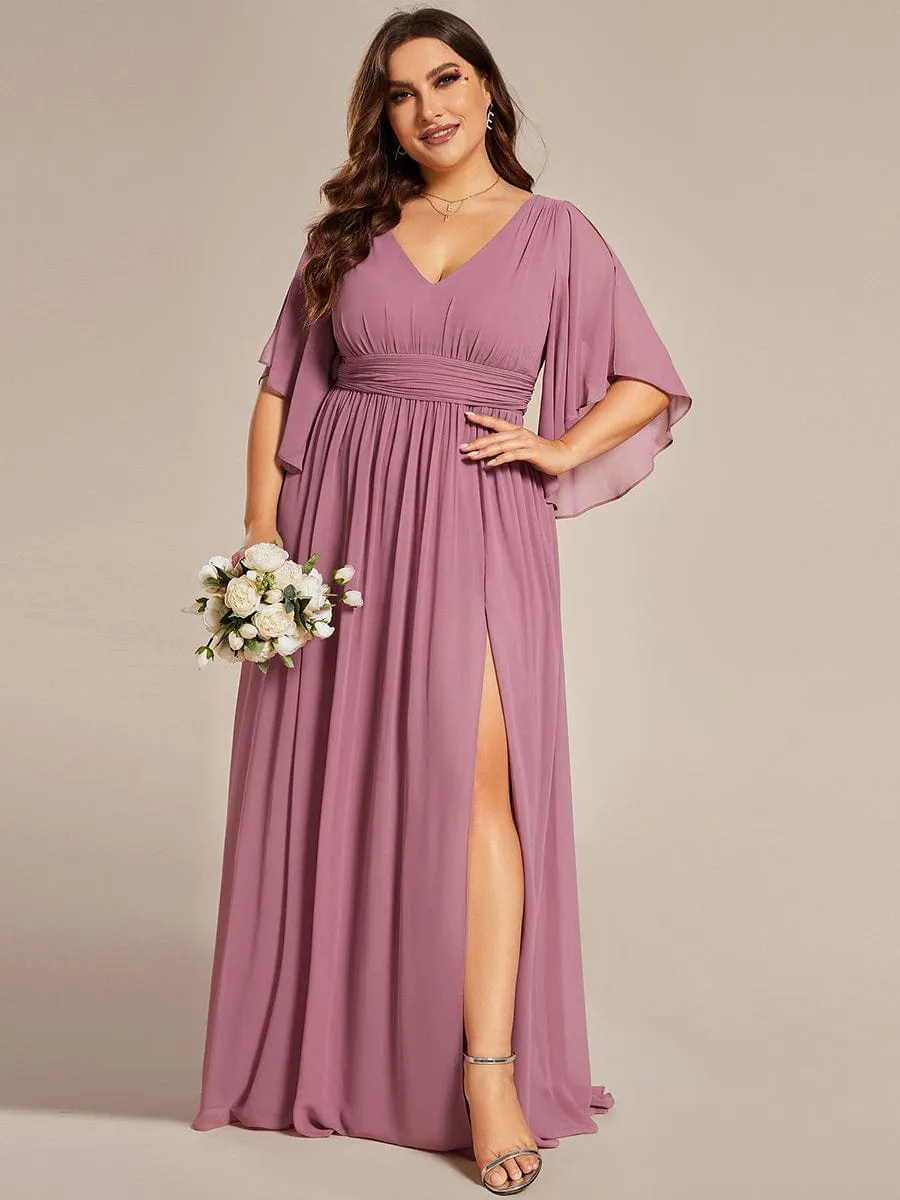 Chiffon A-Line Half Sleeves High Slit Bridesmaid Dress