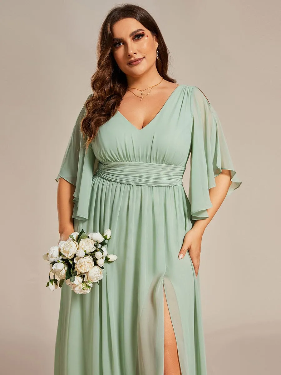 Chiffon A-Line Half Sleeves High Slit Bridesmaid Dress