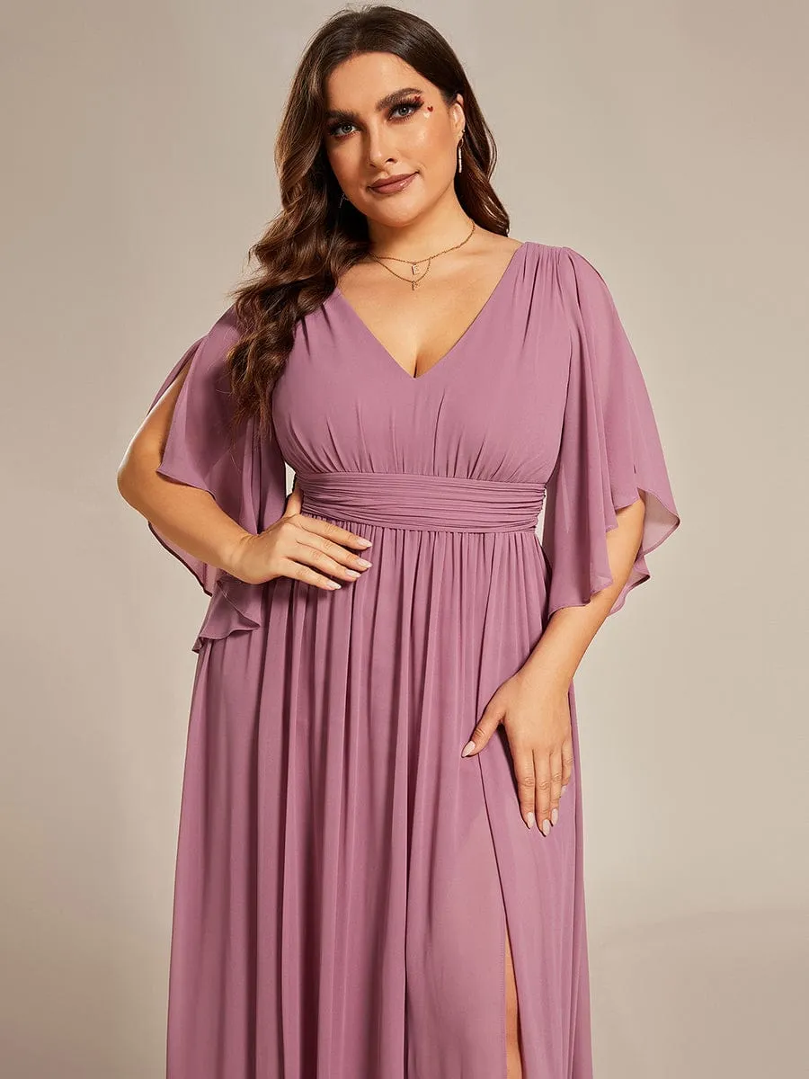 Chiffon A-Line Half Sleeves High Slit Bridesmaid Dress