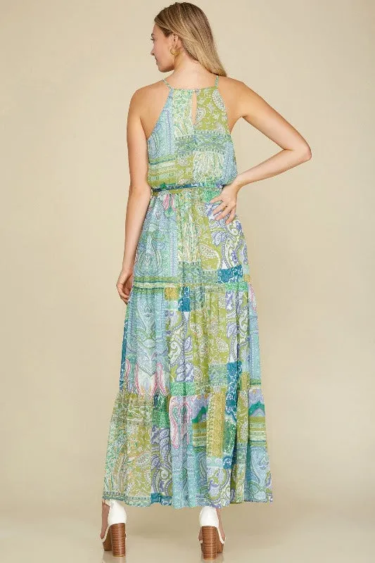 Chiffon Patchwork Tiered Maxi Dress - Lime/Blue