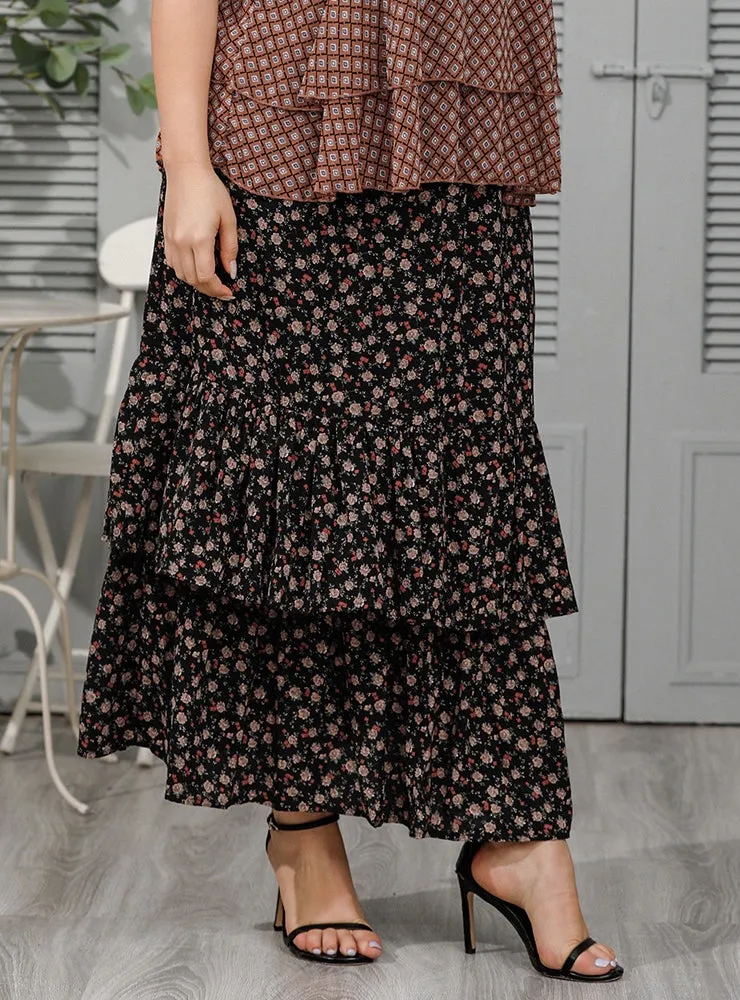 Chiffon Printed Lotus Leaf Slim Skirt