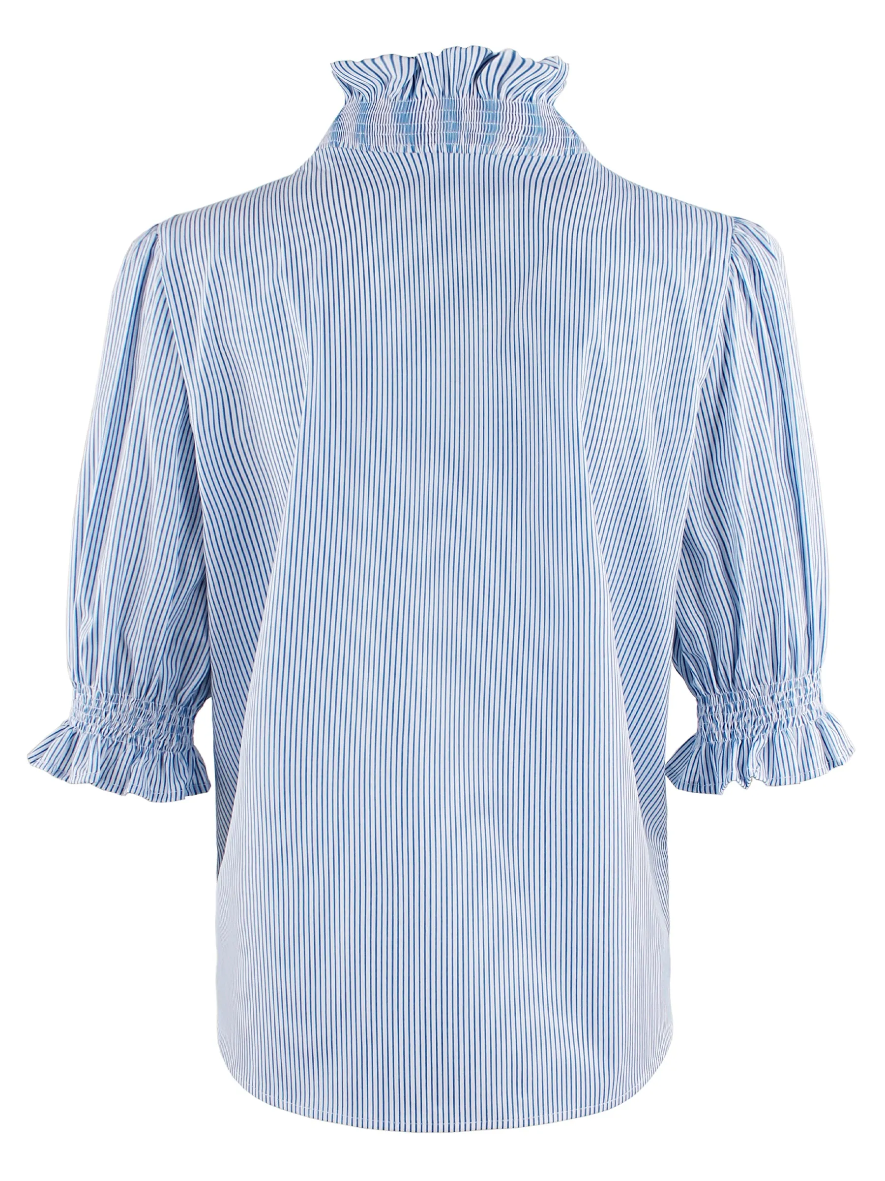 Cici Shirt with Ruffle Collar & Sleeve, Turquoise & White Stripe - Web Exclusive