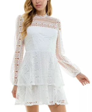 City Studio Juniors' Long-Sleeve Tiered Lace Dress