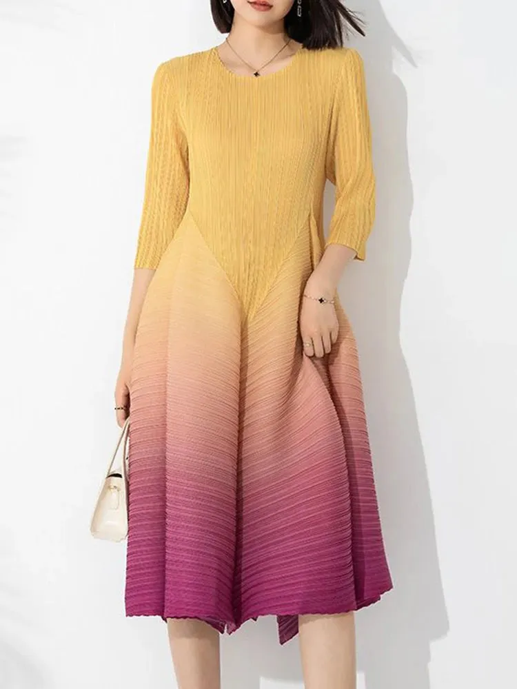 Couture Pleated 3/4 Sleeve Midi Dress