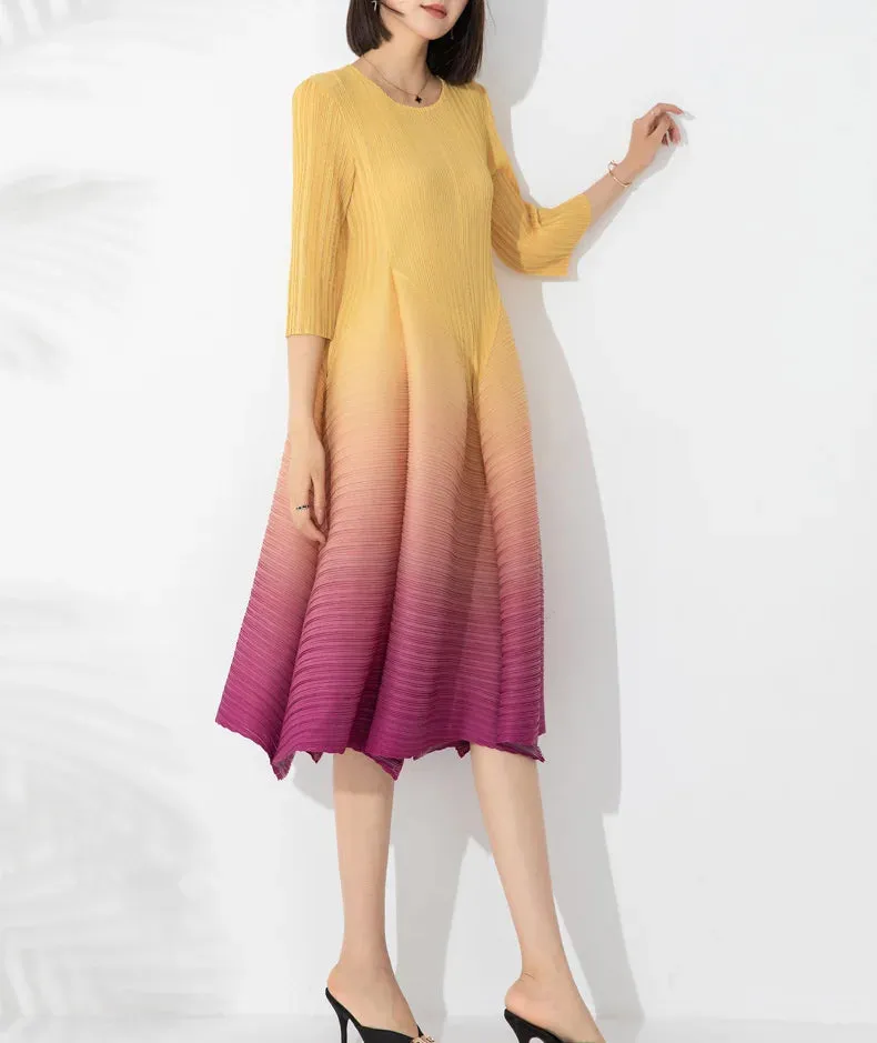 Couture Pleated 3/4 Sleeve Midi Dress