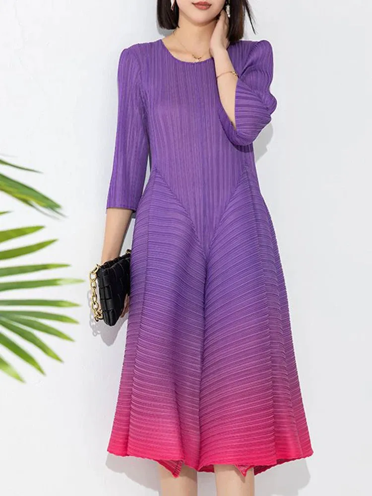 Couture Pleated 3/4 Sleeve Midi Dress