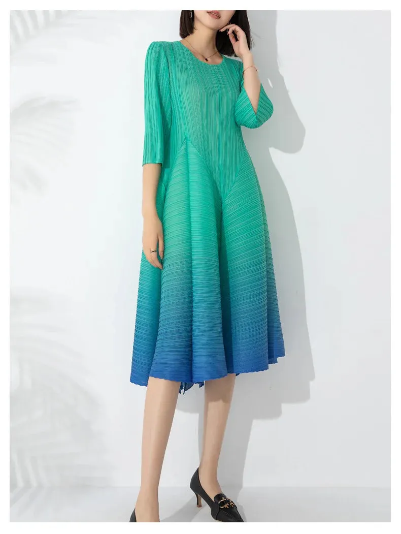 Couture Pleated 3/4 Sleeve Midi Dress