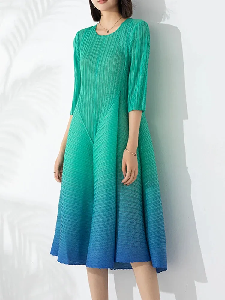 Couture Pleated 3/4 Sleeve Midi Dress