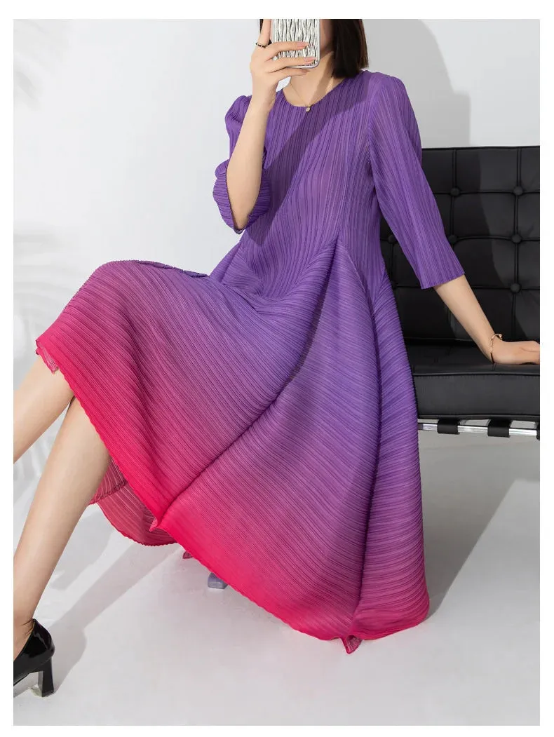 Couture Pleated 3/4 Sleeve Midi Dress