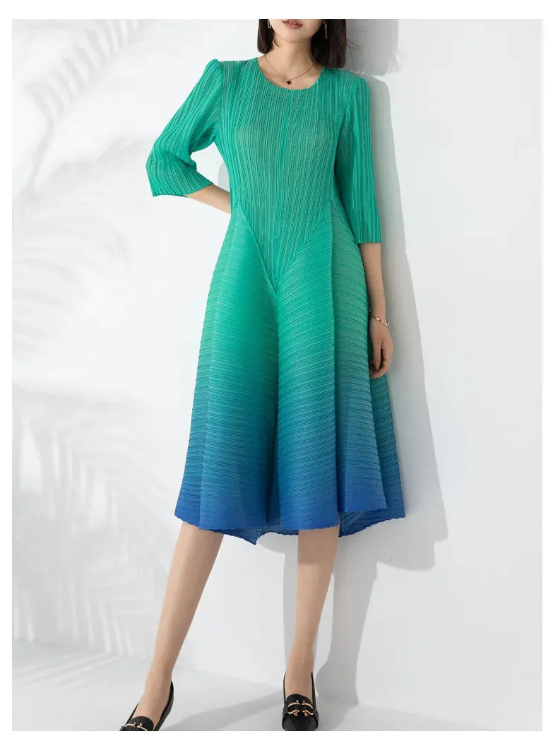 Couture Pleated 3/4 Sleeve Midi Dress