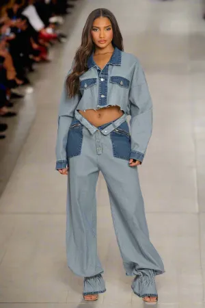 Cropped Contrast Denim Set