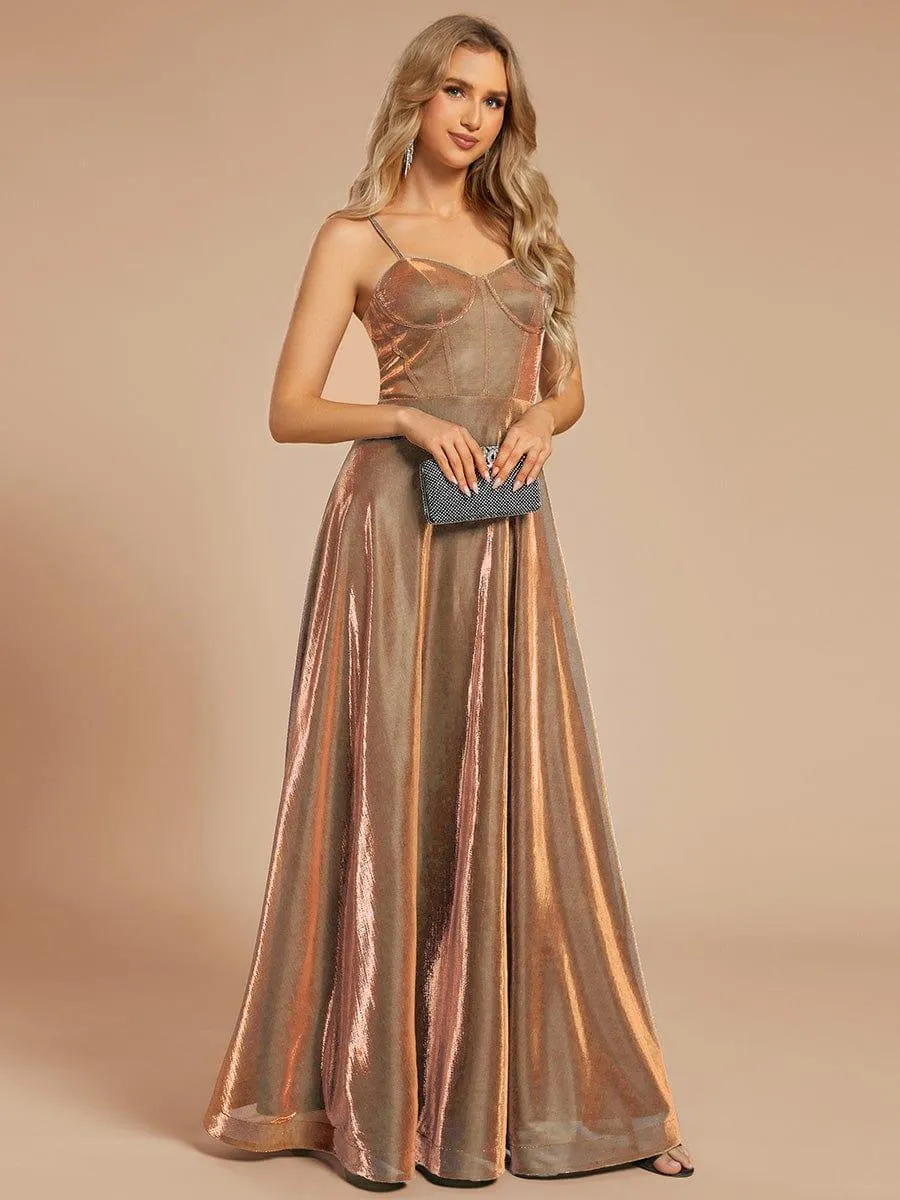 Custom Size Iridescent Mesh Spaghetti Strap V-neck A-line Prom Dress