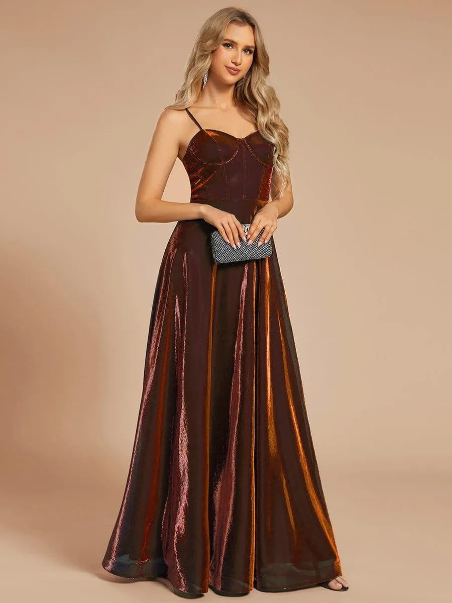 Custom Size Iridescent Mesh Spaghetti Strap V-neck A-line Prom Dress