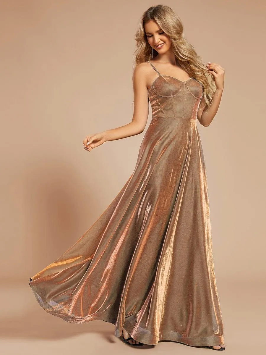 Custom Size Iridescent Mesh Spaghetti Strap V-neck A-line Prom Dress