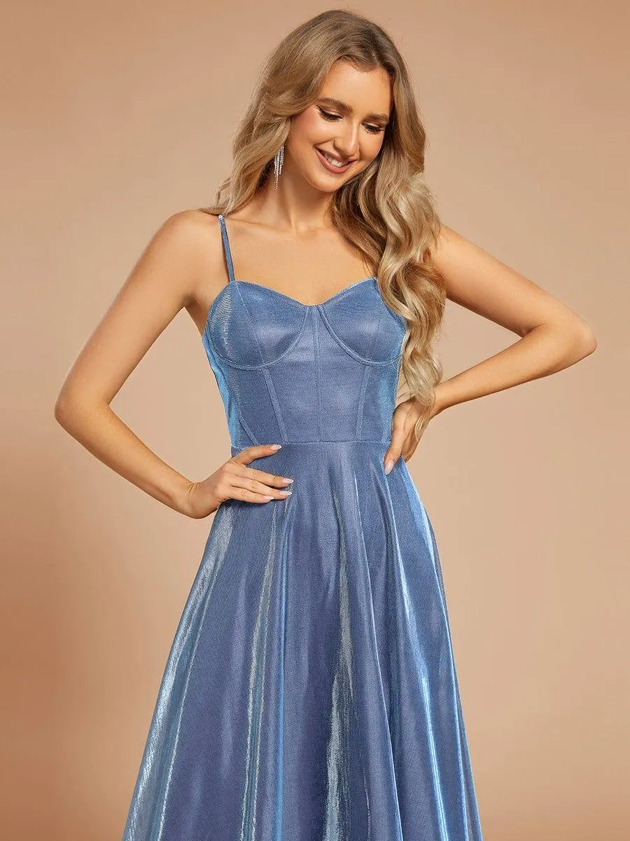 Custom Size Iridescent Mesh Spaghetti Strap V-neck A-line Prom Dress