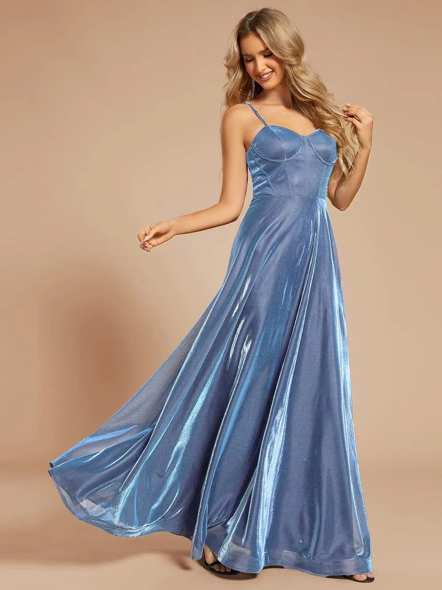 Custom Size Iridescent Mesh Spaghetti Strap V-neck A-line Prom Dress