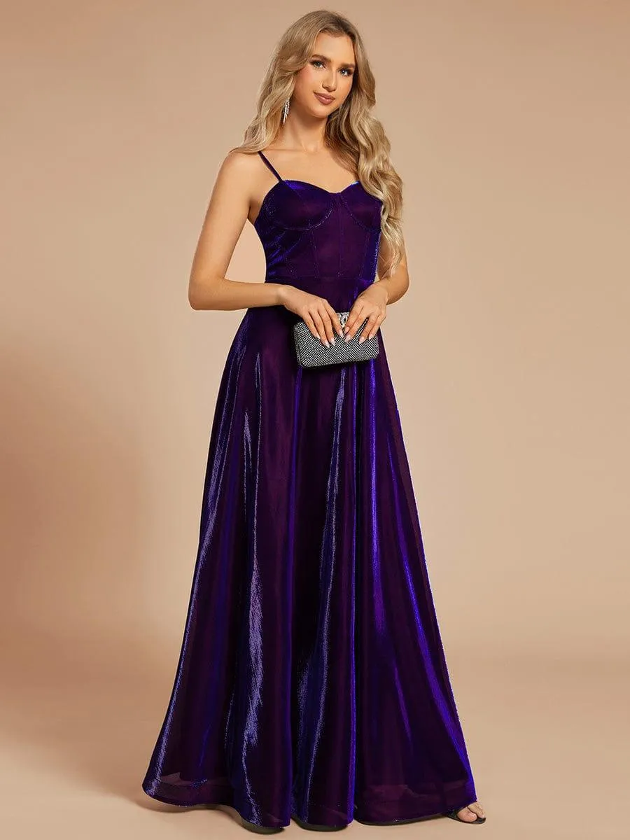 Custom Size Iridescent Mesh Spaghetti Strap V-neck A-line Prom Dress