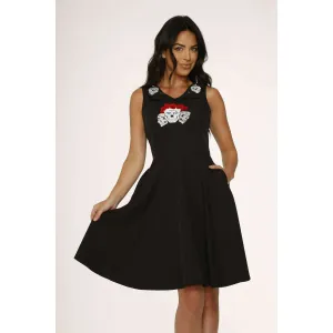 Dia De Los Muertos Skull & Rose Embroidered Skater Dress