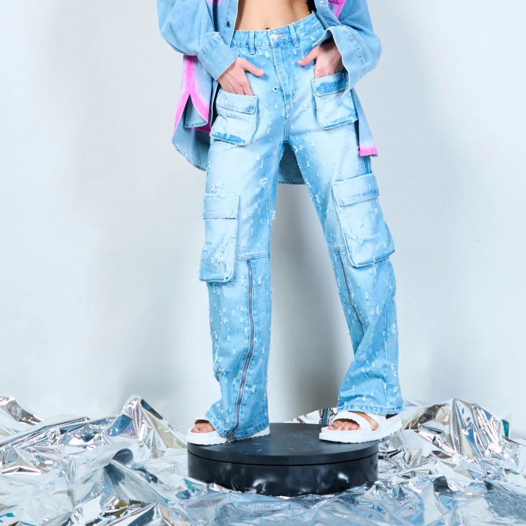 Distressed splatter utility denim jeans wholesale