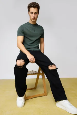 Edgy Black Ripped Men's Wide-Leg Jeans