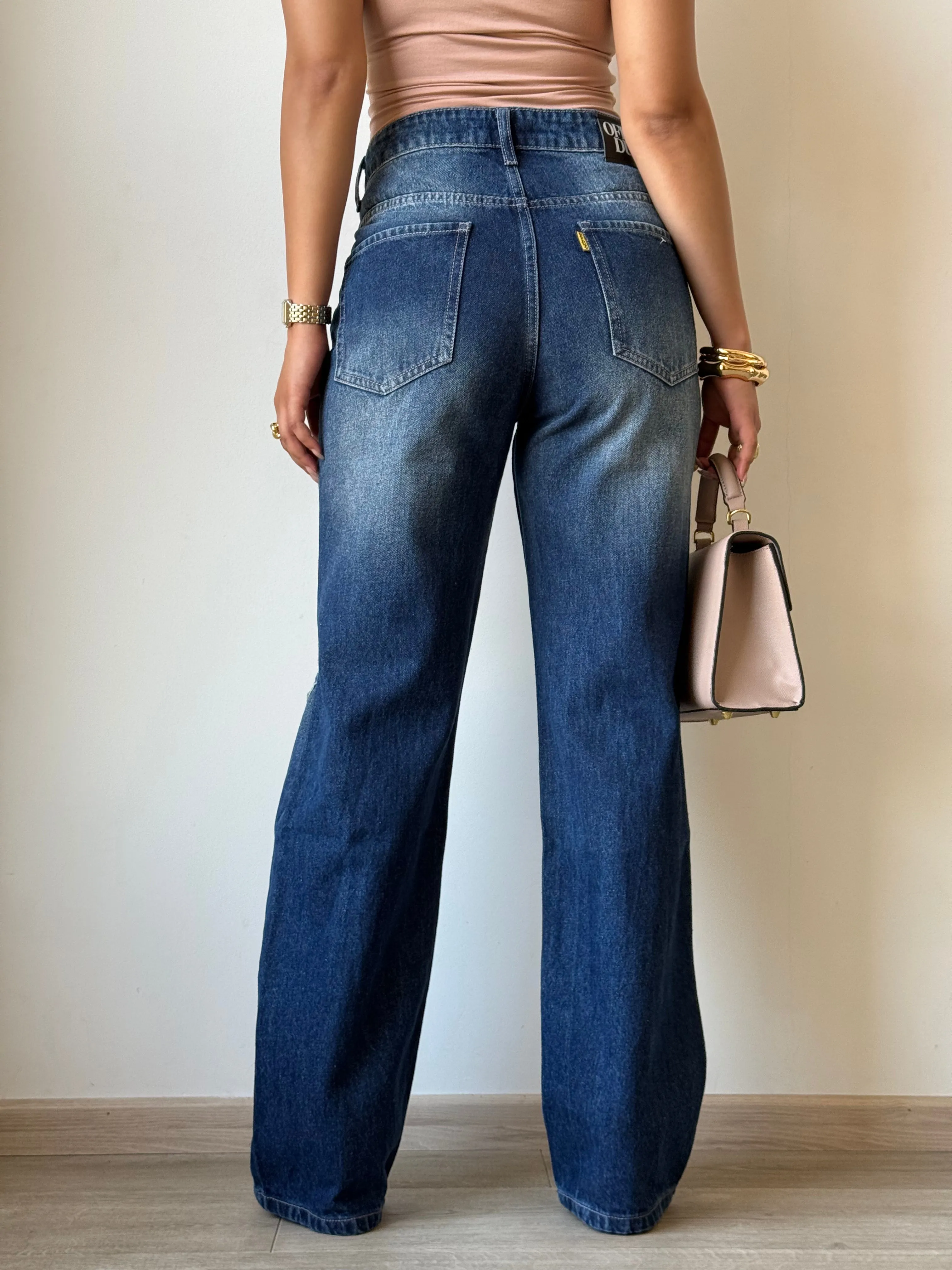 Edgy Blue Distress Wash Straight Leg Jeans