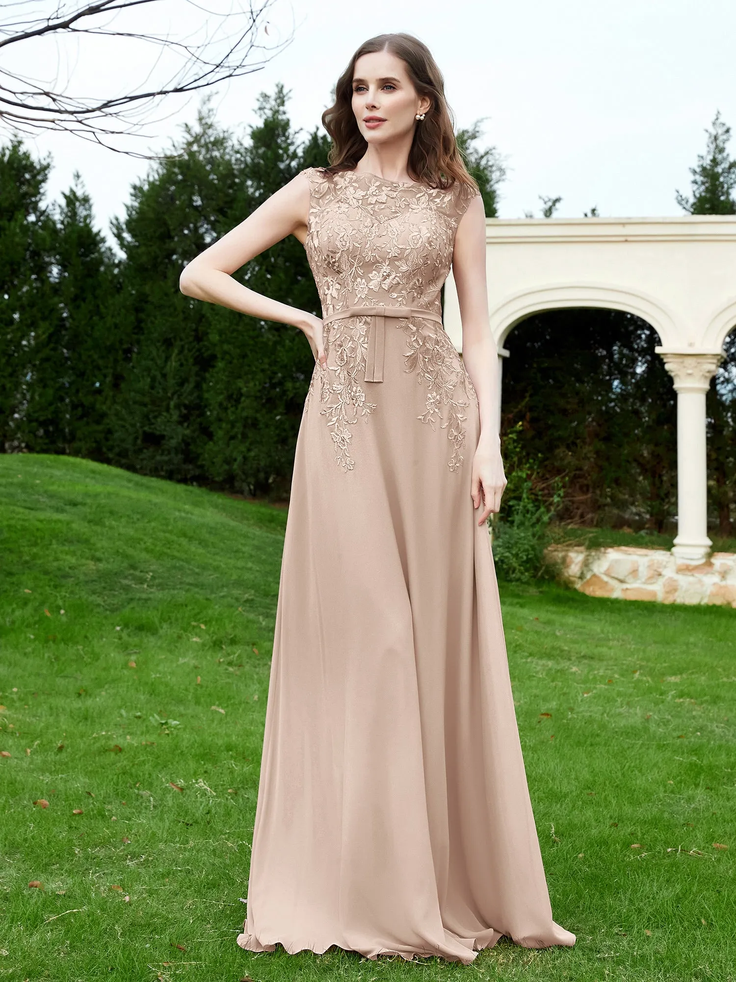 Elegant Illusion Lace Appliqued Dress With Buttons Taupe Plus Size