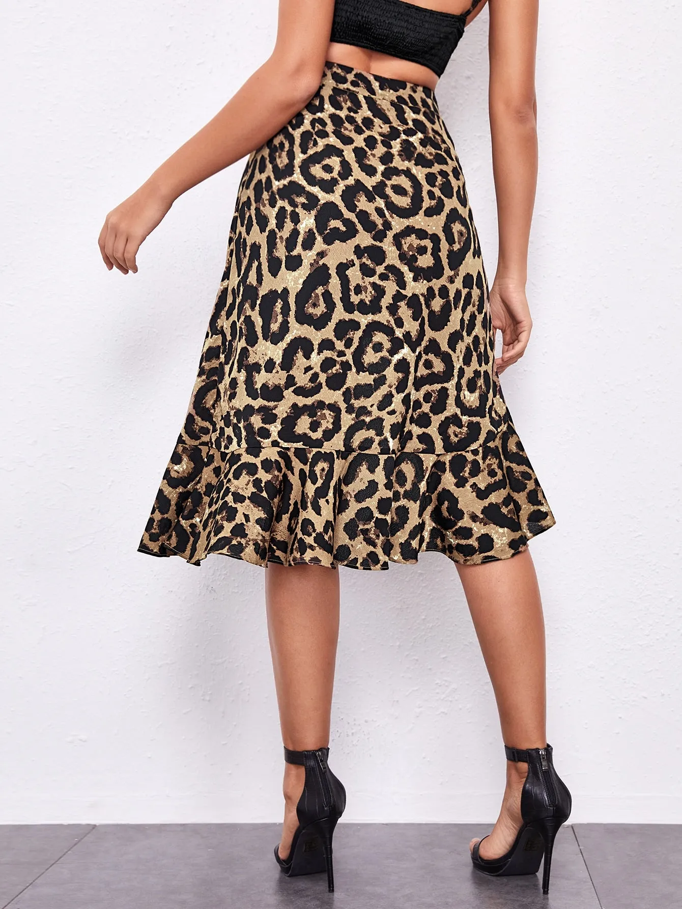 Elegant Leopard Zipper High Waist Midi Women Skirt