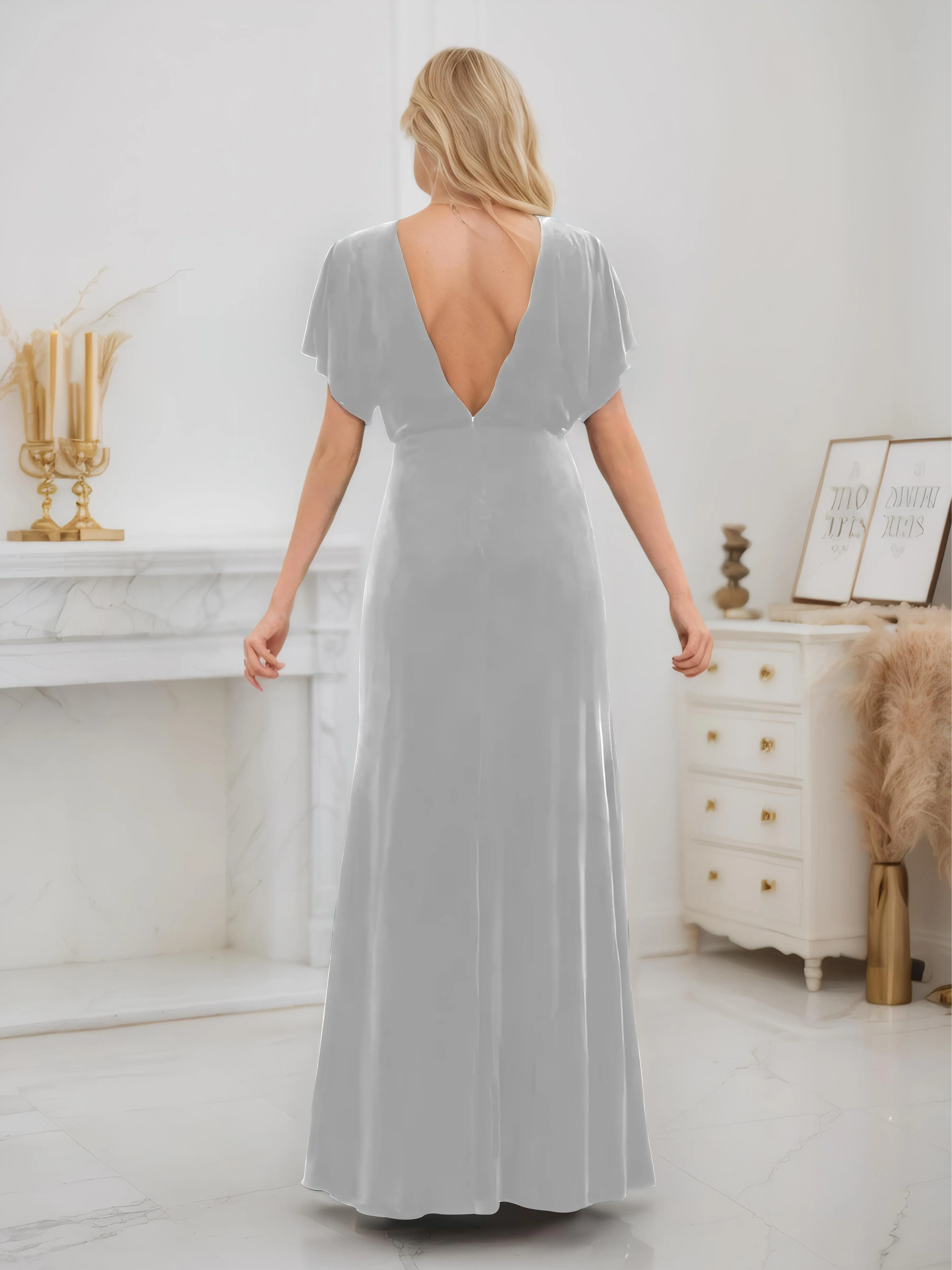 Ellis Trendy Short Sleeves Slit Long Velvet Bridesmaid Dresses