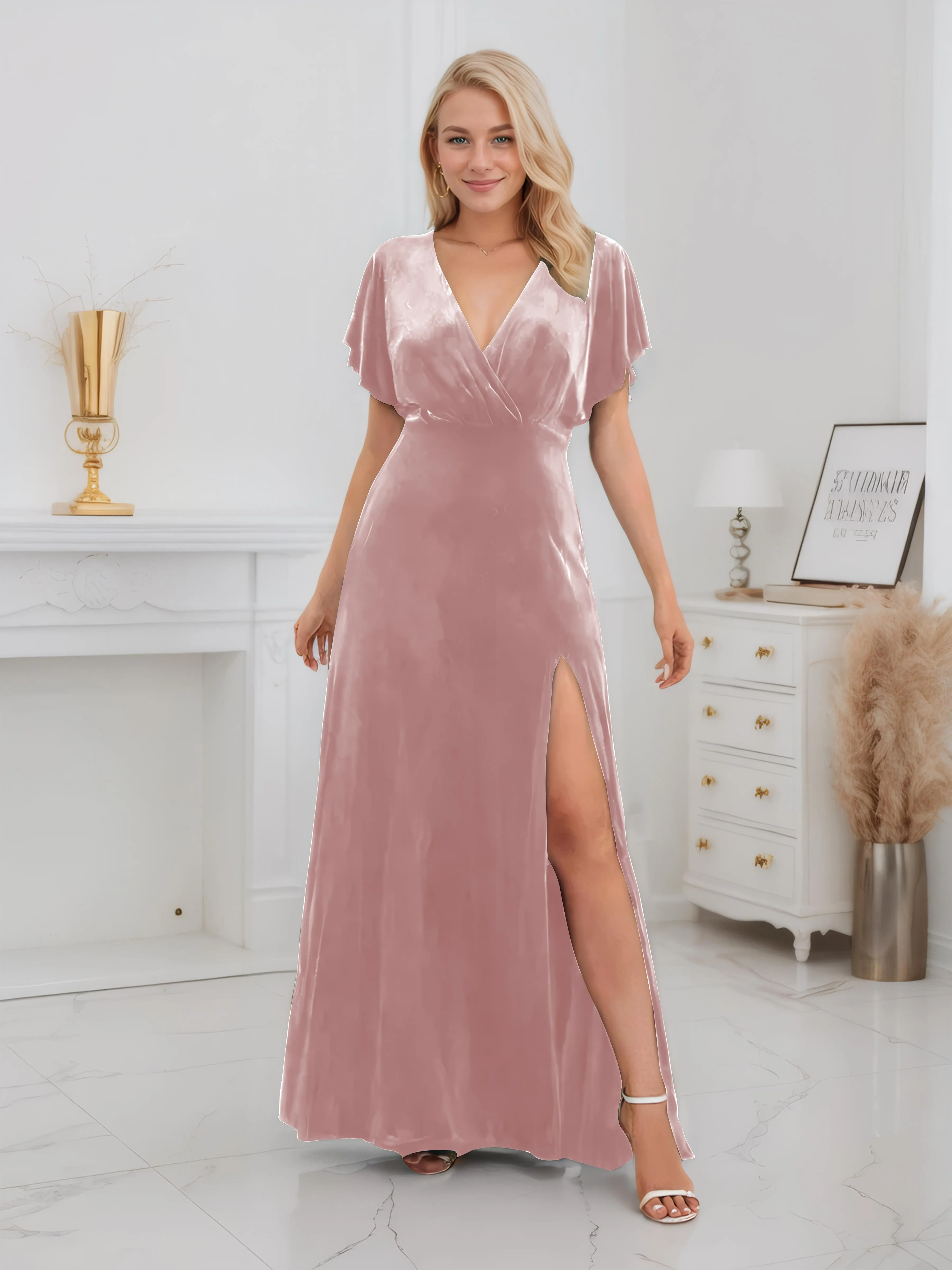 Ellis Trendy Short Sleeves Slit Long Velvet Bridesmaid Dresses