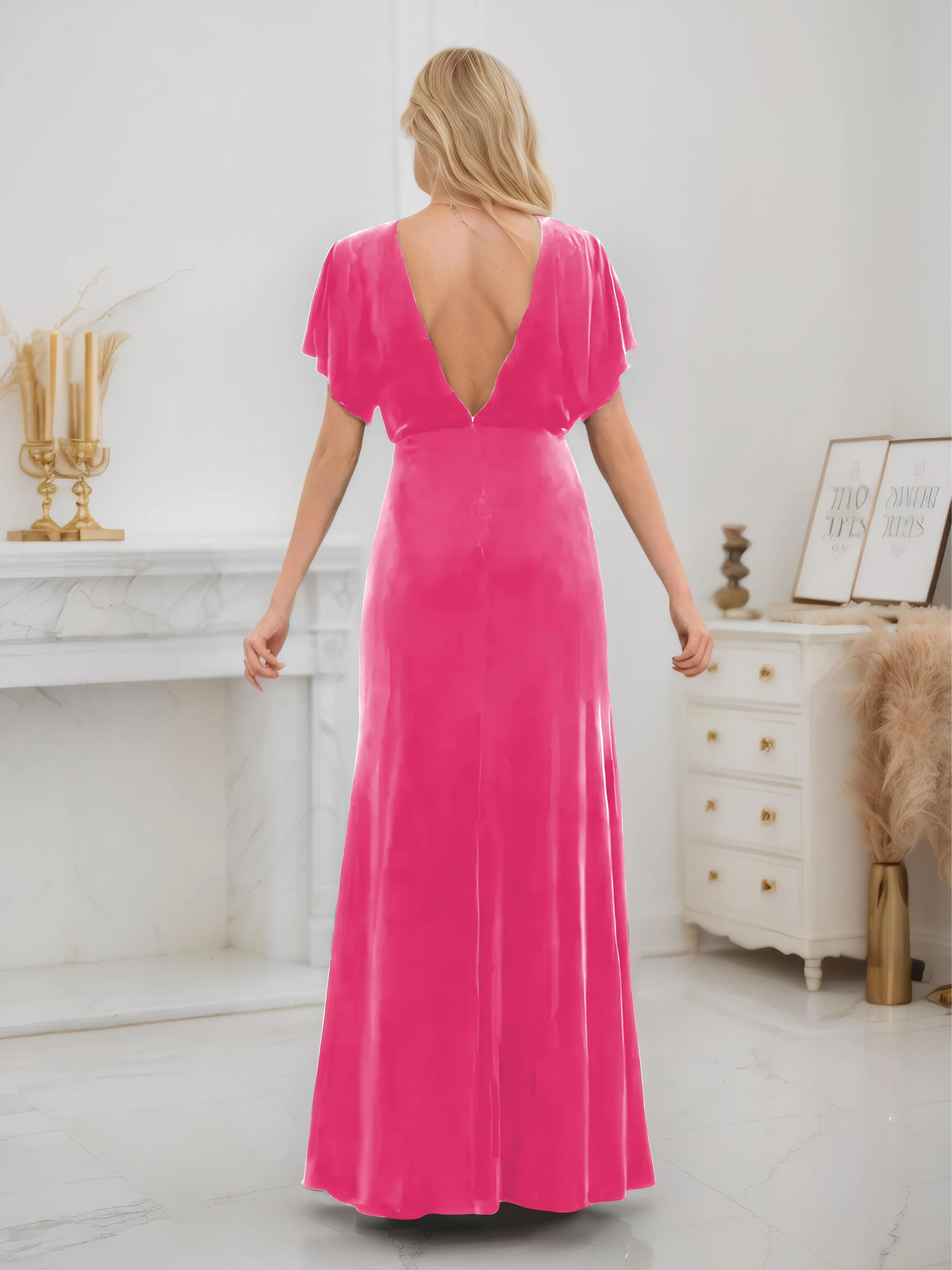 Ellis Trendy Short Sleeves Slit Long Velvet Bridesmaid Dresses