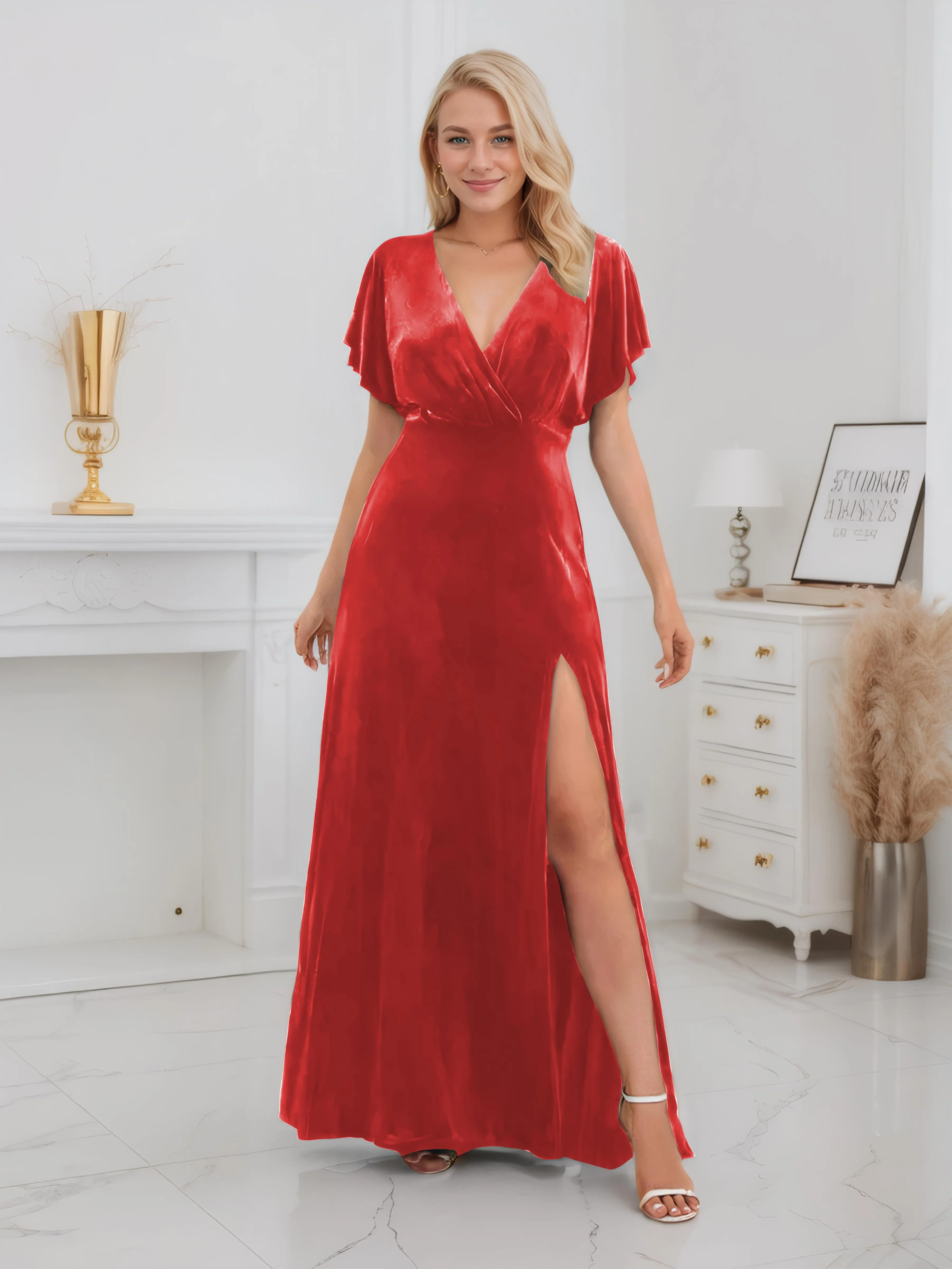 Ellis Trendy Short Sleeves Slit Long Velvet Bridesmaid Dresses