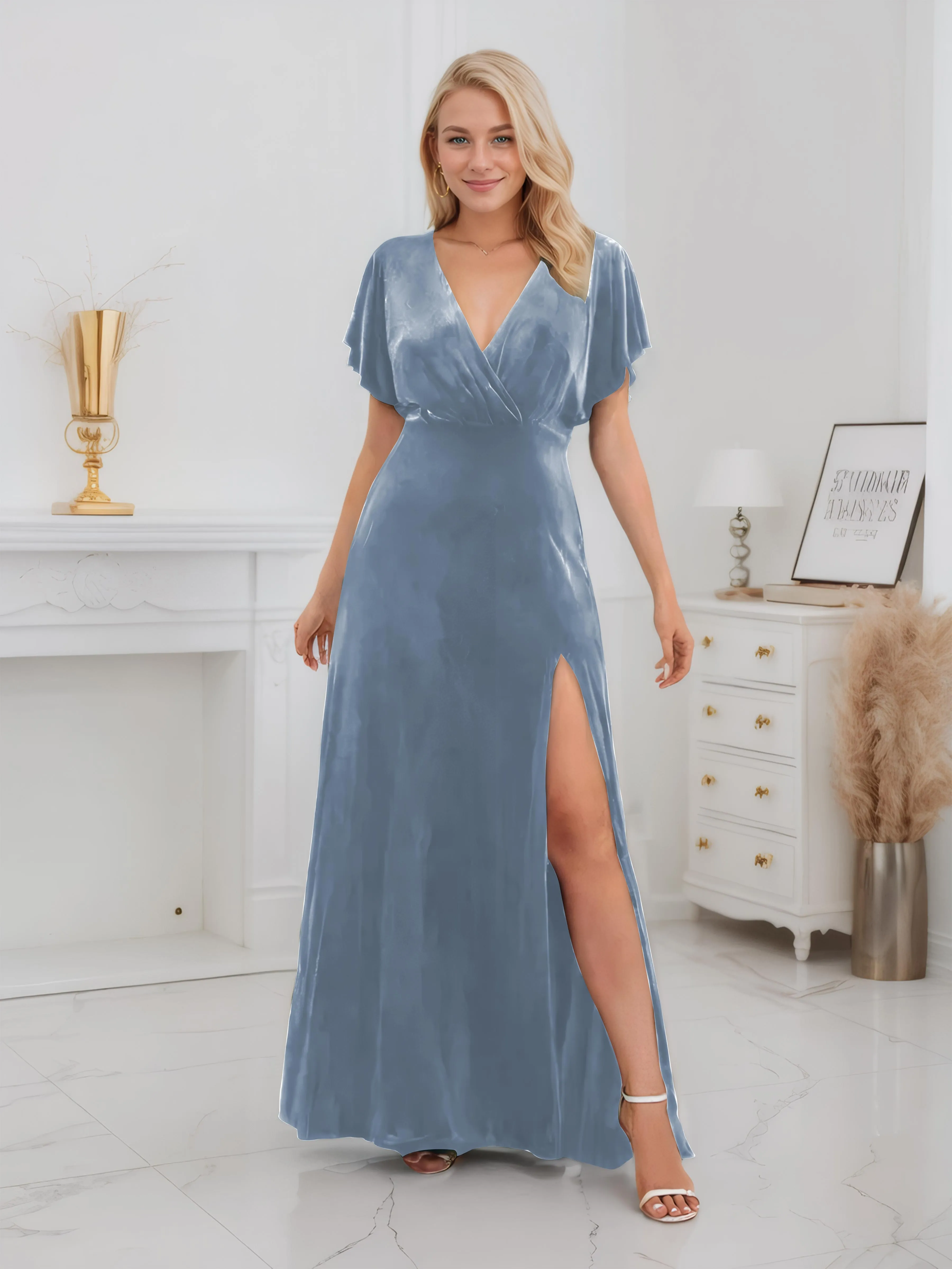 Ellis Trendy Short Sleeves Slit Long Velvet Bridesmaid Dresses