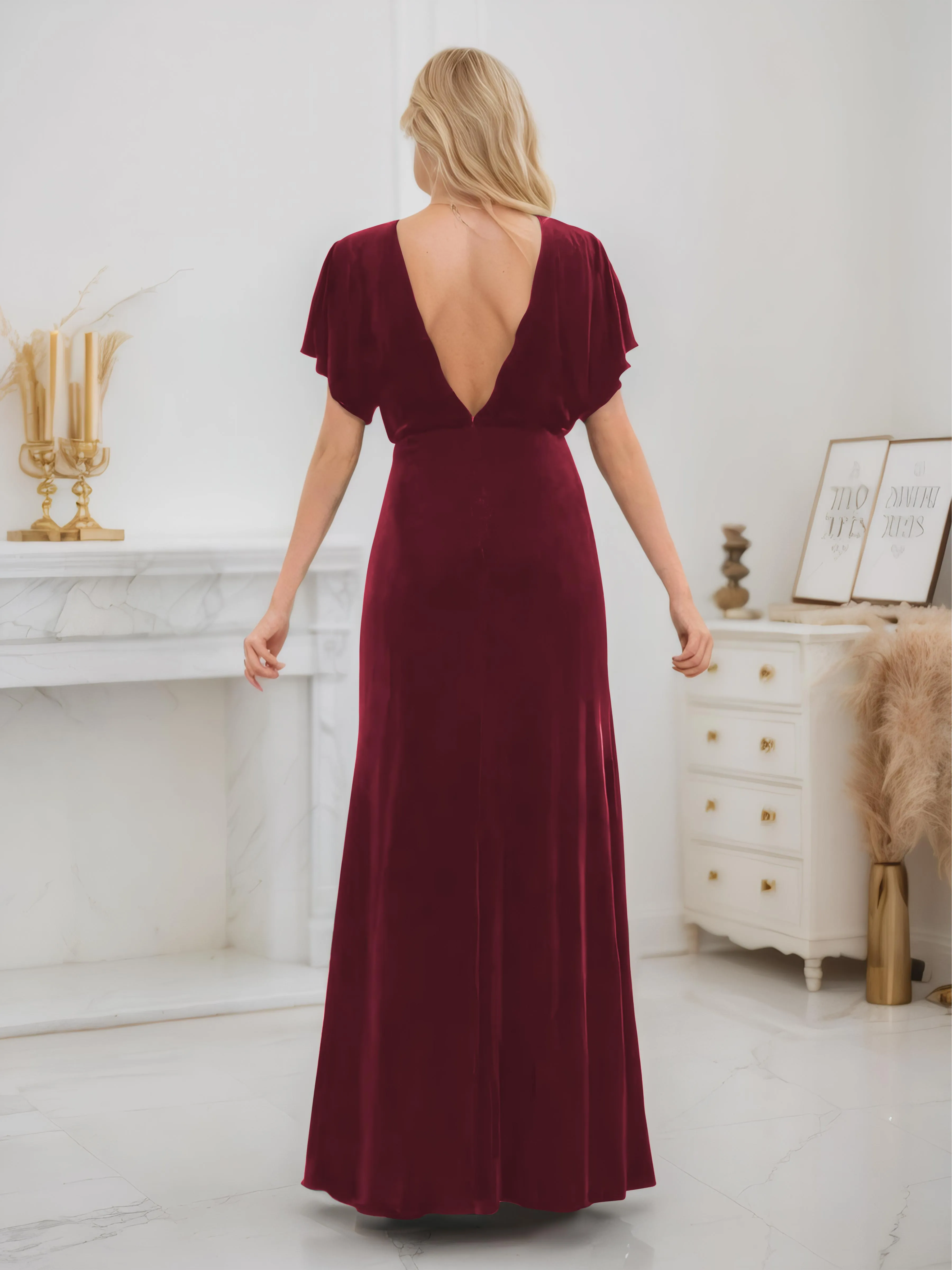 Ellis Trendy Short Sleeves Slit Long Velvet Bridesmaid Dresses