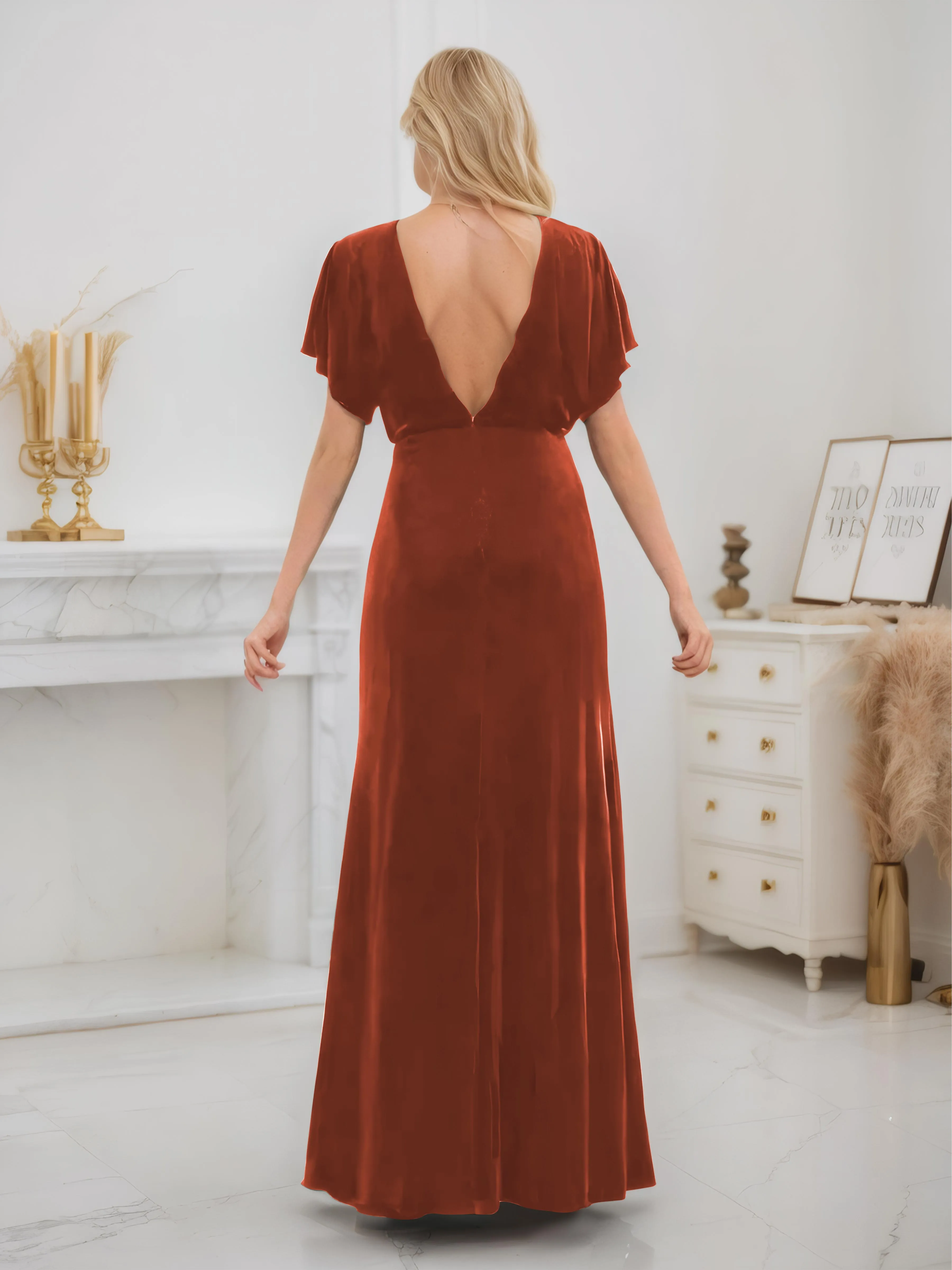 Ellis Trendy Short Sleeves Slit Long Velvet Bridesmaid Dresses