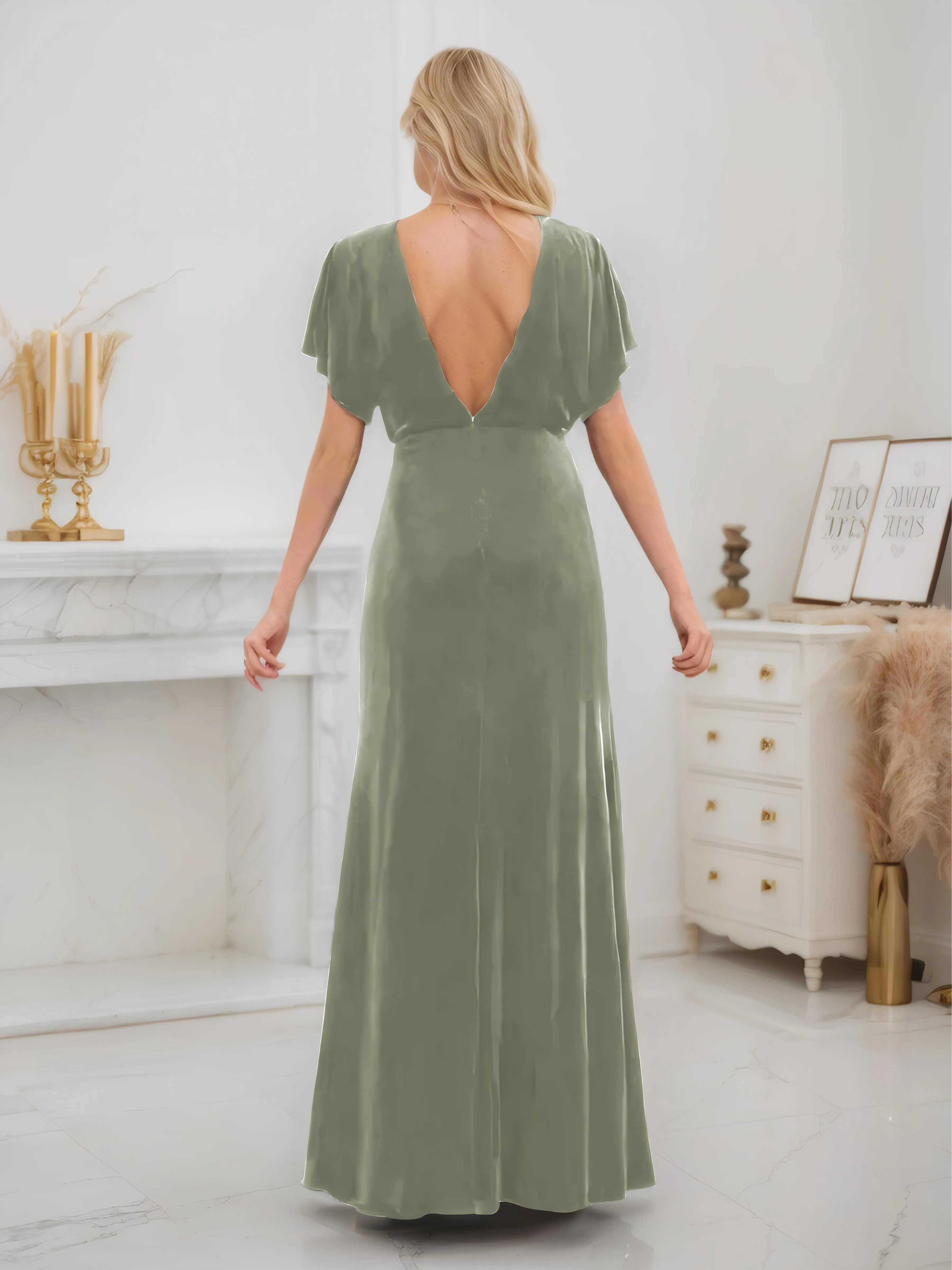 Ellis Trendy Short Sleeves Slit Long Velvet Bridesmaid Dresses