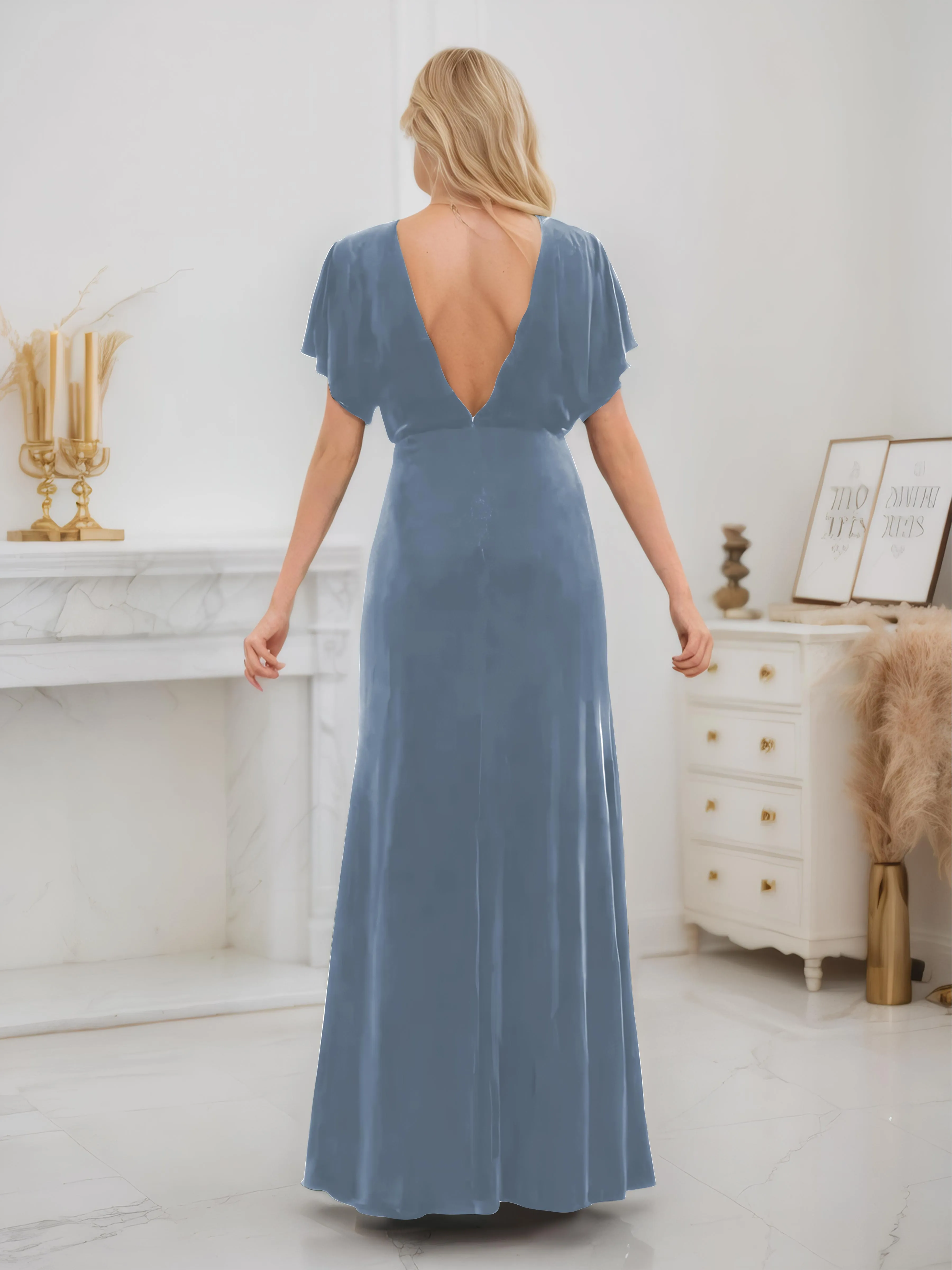 Ellis Trendy Short Sleeves Slit Long Velvet Bridesmaid Dresses