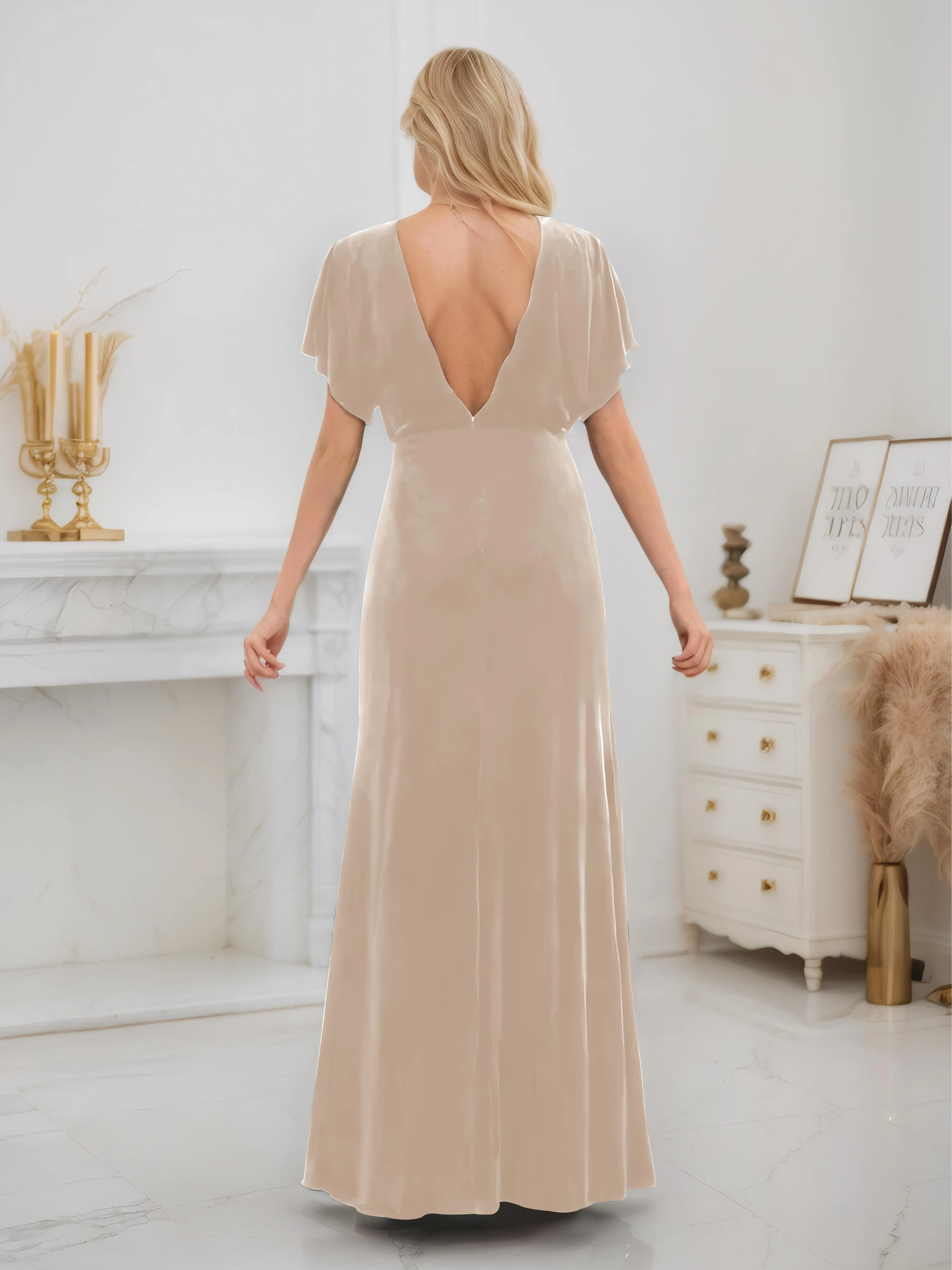 Ellis Trendy Short Sleeves Slit Long Velvet Bridesmaid Dresses